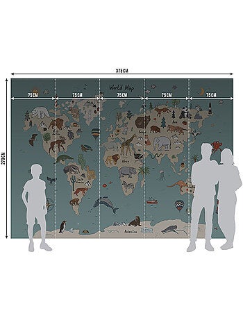 Papier peint intissé - Carte du monde des animaux beiges et bleus (dessin) - 375x270 cm