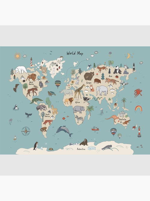 Papier peint intissé - Carte du monde des animaux beiges et bleus (dessin) - 375x270 cm - Kiabi