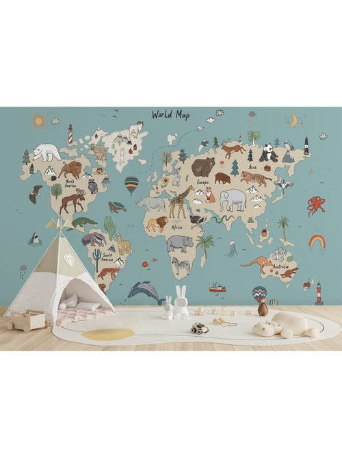 Papier peint intissé - Carte du monde des animaux beiges et bleus (dessin) - 375x270 cm - Kiabi