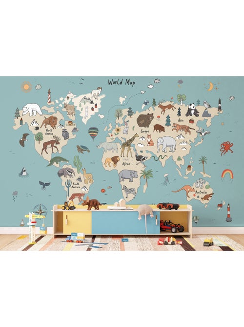 Papier peint intissé - Carte du monde des animaux beiges et bleus (dessin) - 375x270 cm - Kiabi