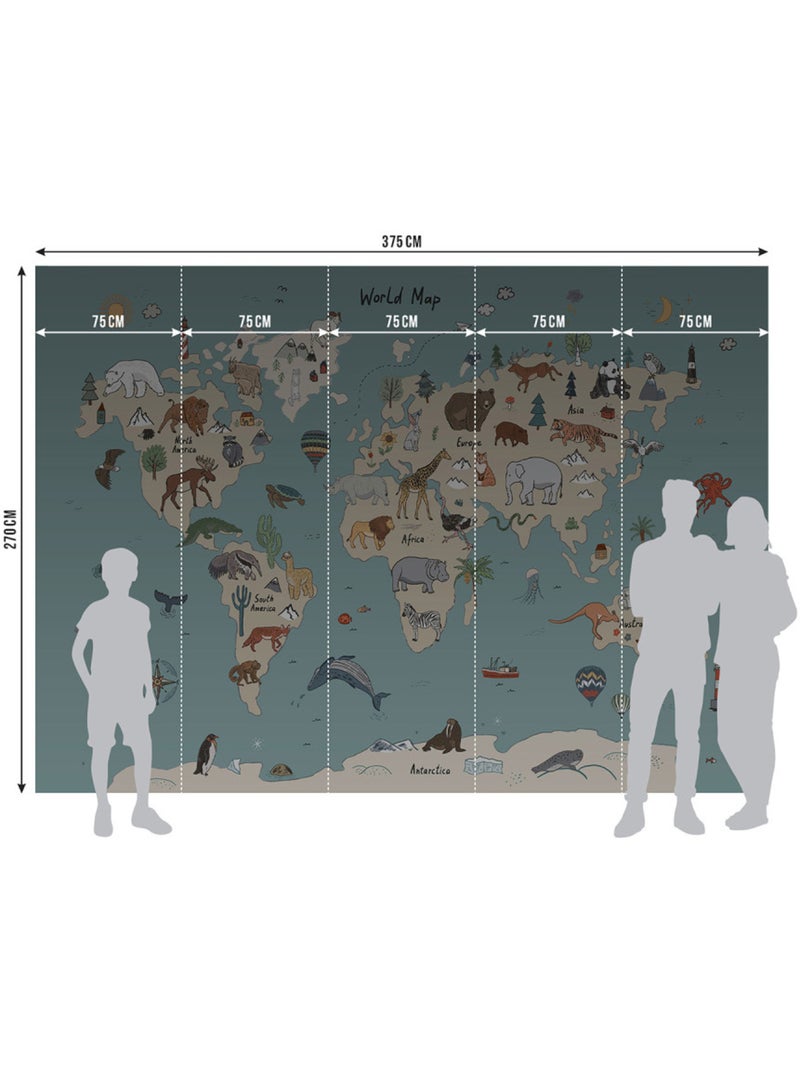 Papier peint intissé - Carte du monde des animaux beiges et bleus (dessin) - 375x270 cm Multicolore - Kiabi