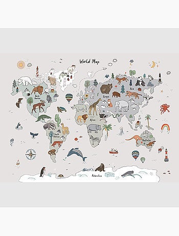 Papier peint intissé - Carte du monde des animaux gris (gribouillage) - 375x270 cm
