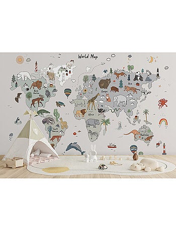 Papier peint intissé - Carte du monde des animaux gris (gribouillage) - 375x270 cm