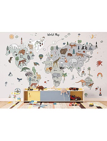 Papier peint intissé - Carte du monde des animaux gris (gribouillage) - 375x270 cm