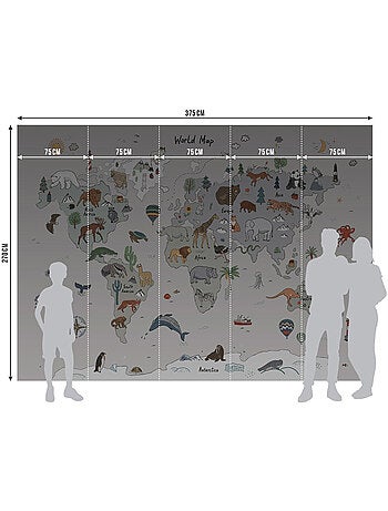 Papier peint intissé - Carte du monde des animaux gris (gribouillage) - 375x270 cm
