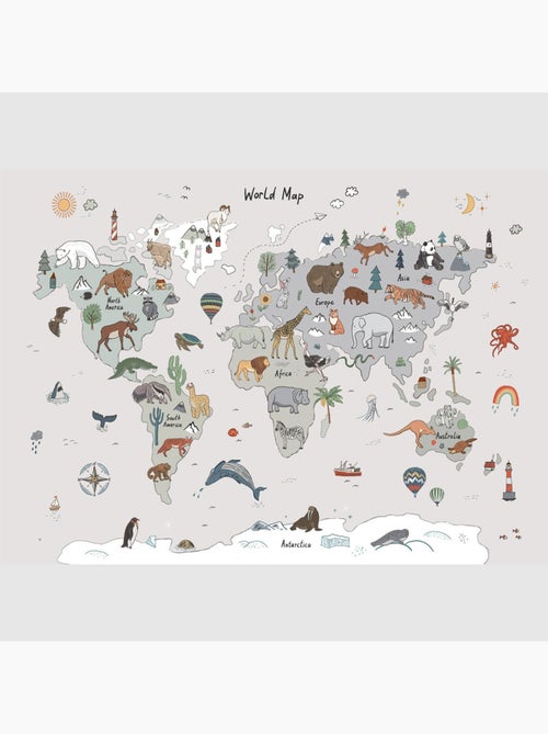 Papier peint intissé - Carte du monde des animaux gris (gribouillage) - 375x270 cm - Kiabi