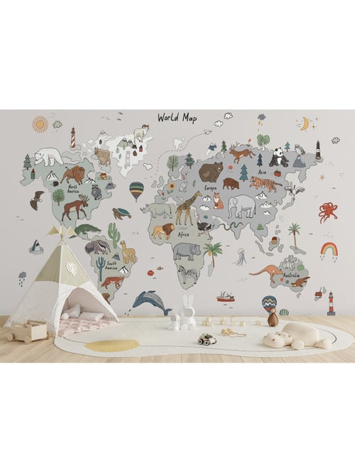 Papier peint intissé - Carte du monde des animaux gris (gribouillage) - 375x270 cm - Kiabi