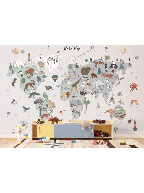 Papier peint intissé - Carte du monde des animaux gris (gribouillage) - 375x270 cm - Kiabi