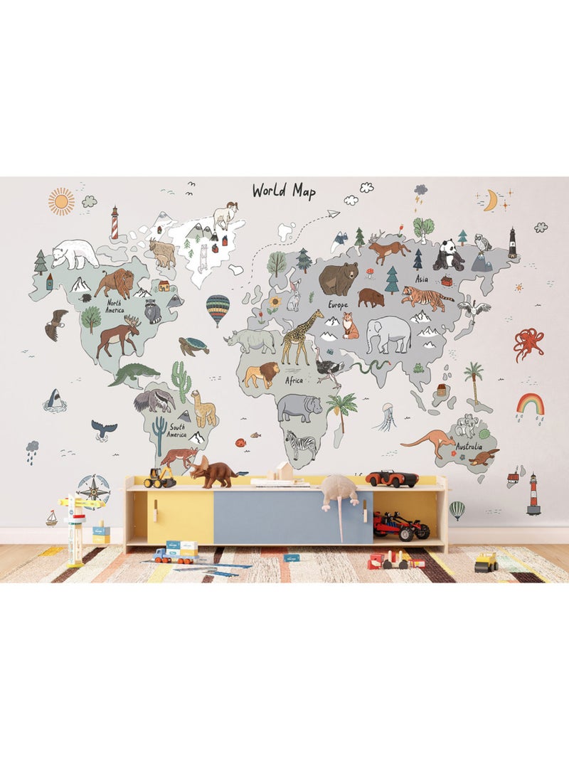 Papier peint intissé - Carte du monde des animaux gris (gribouillage) - 375x270 cm Multicolore - Kiabi