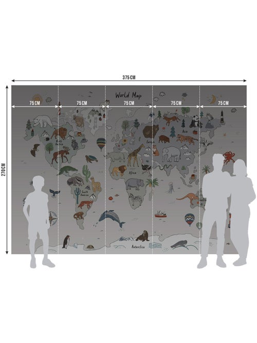 Papier peint intissé - Carte du monde des animaux gris (gribouillage) - 375x270 cm - Kiabi