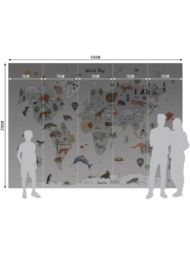 Papier peint intissé - Carte du monde des animaux gris (gribouillage) - 375x270 cm Multicolore - Kiabi