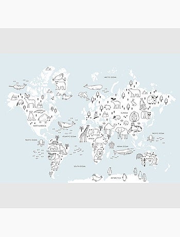 Papier peint intissé - Carte du monde des animaux monochromes - 375x270 cm