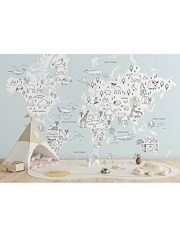 Papier peint intissé - Carte du monde des animaux monochromes - 375x270 cm