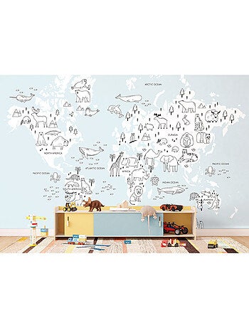 Papier peint intissé - Carte du monde des animaux monochromes - 375x270 cm