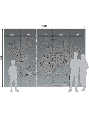 Papier peint intissé - Carte du monde des animaux monochromes - 375x270 cm