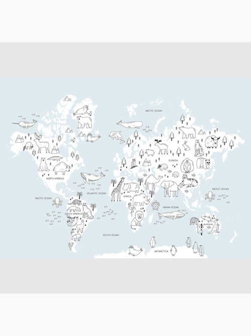 Papier peint intissé - Carte du monde des animaux monochromes - 375x270 cm - Kiabi