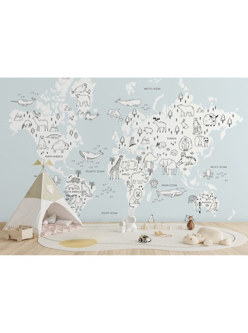Papier peint intissé - Carte du monde des animaux monochromes - 375x270 cm - Kiabi