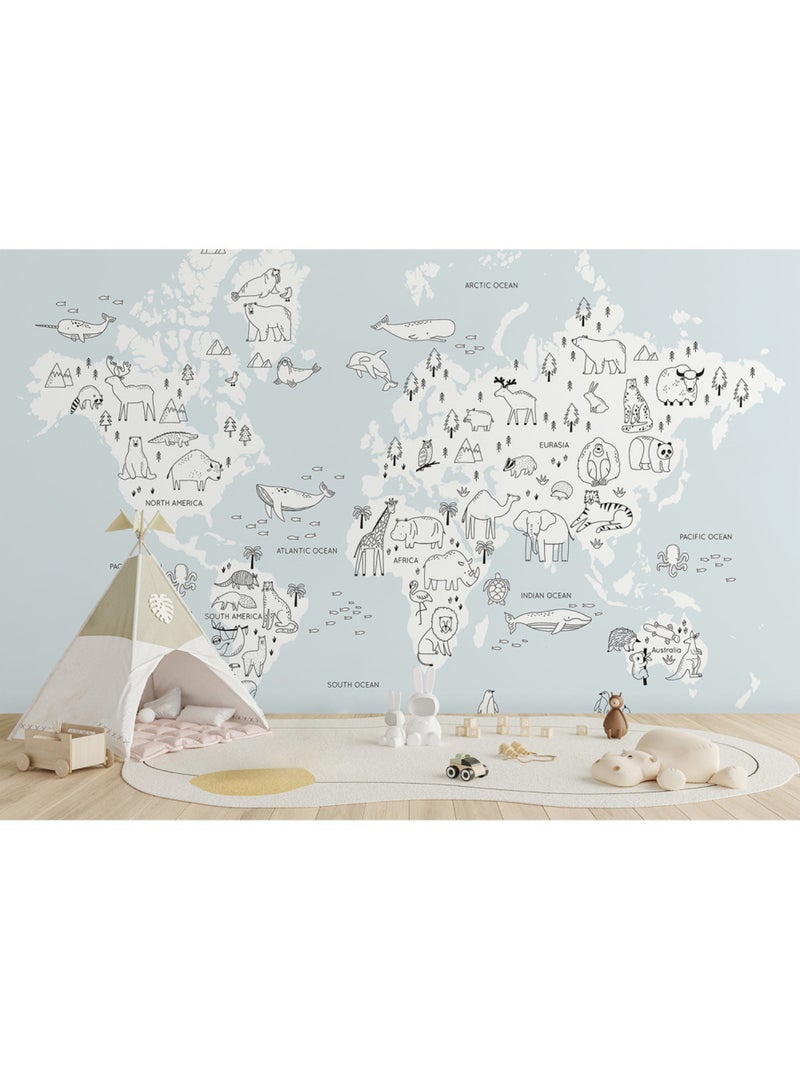 Papier peint intissé - Carte du monde des animaux monochromes - 375x270 cm Multicolore - Kiabi