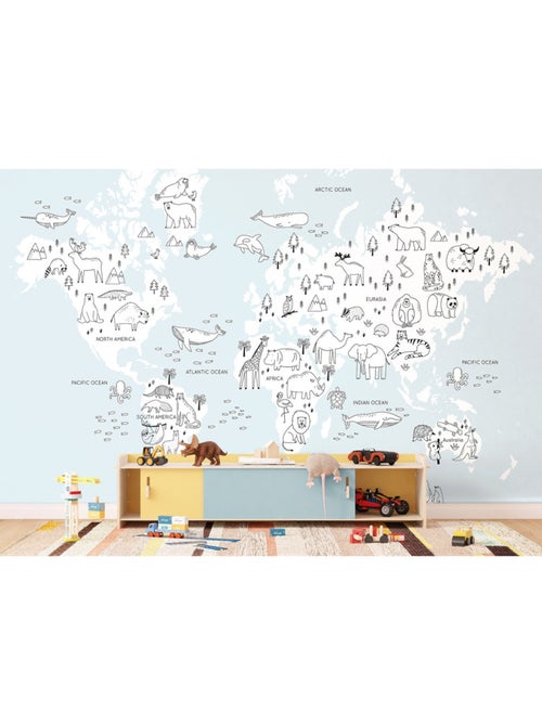 Papier peint intissé - Carte du monde des animaux monochromes - 375x270 cm - Kiabi