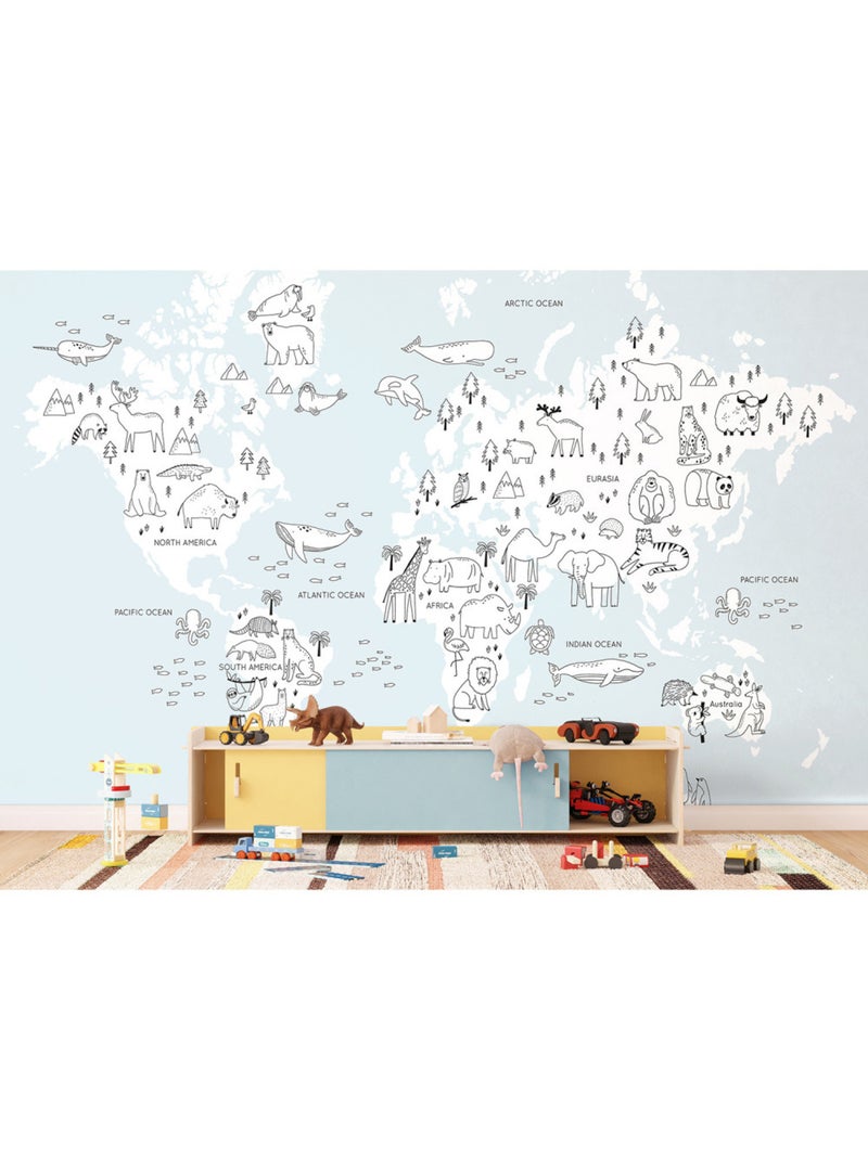 Papier peint intissé - Carte du monde des animaux monochromes - 375x270 cm Multicolore - Kiabi