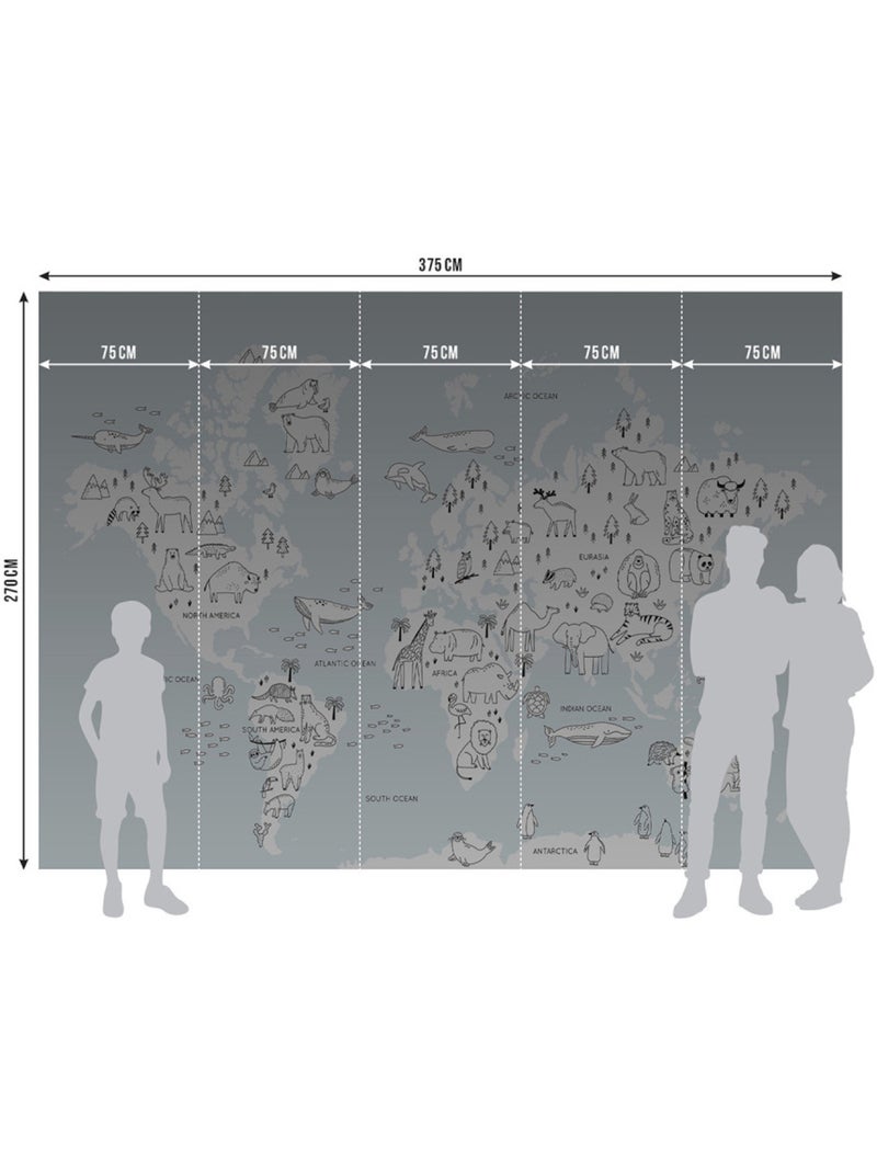 Papier peint intissé - Carte du monde des animaux monochromes - 375x270 cm Multicolore - Kiabi