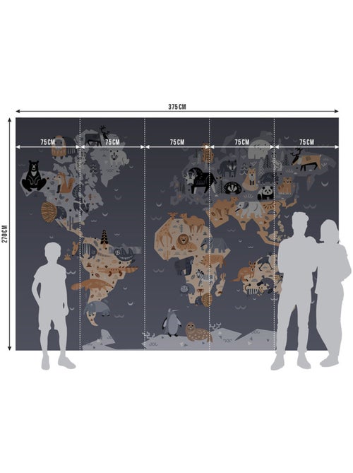 Papier peint intissé - Carte du monde des animaux sombres - 375x270 cm - Kiabi