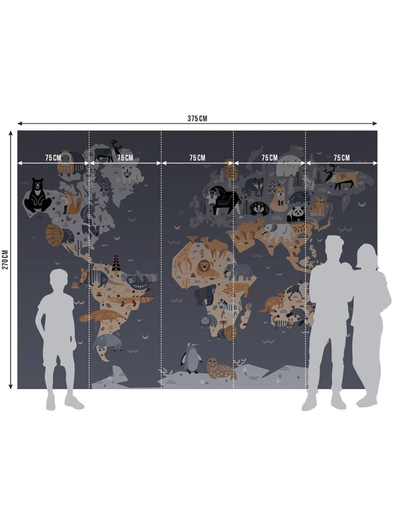 Papier peint intissé - Carte du monde des animaux sombres - 375x270 cm Multicolore - Kiabi
