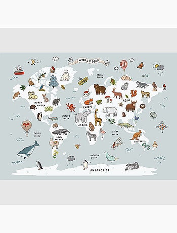 Papier peint intissé - Carte du monde dessinée avec des animaux blancs et bleus - 375x270 cm