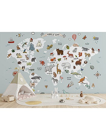 Papier peint intissé - Carte du monde dessinée avec des animaux blancs et bleus - 375x270 cm