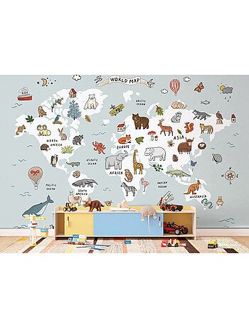 Papier peint intissé - Carte du monde dessinée avec des animaux blancs et bleus - 375x270 cm