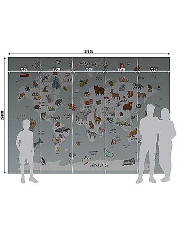 Papier peint intissé - Carte du monde dessinée avec des animaux blancs et bleus - 375x270 cm