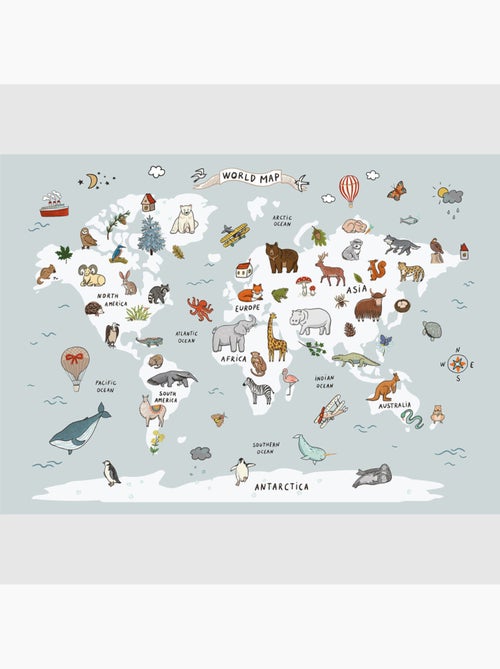 Papier peint intissé - Carte du monde dessinée avec des animaux blancs et bleus - 375x270 cm - Kiabi