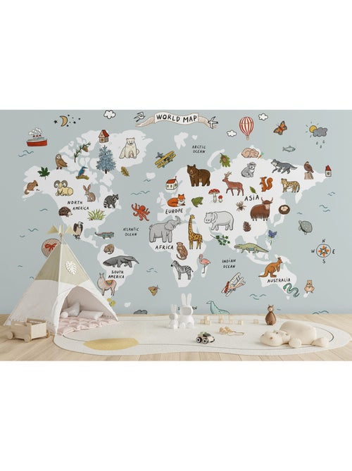 Papier peint intissé - Carte du monde dessinée avec des animaux blancs et bleus - 375x270 cm - Kiabi