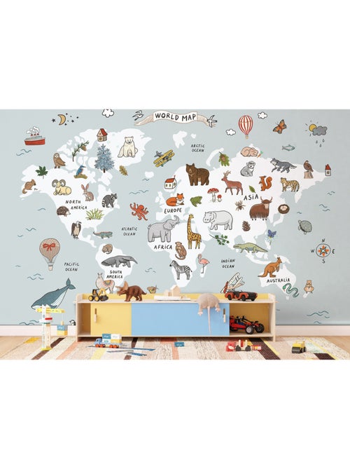 Papier peint intissé - Carte du monde dessinée avec des animaux blancs et bleus - 375x270 cm - Kiabi