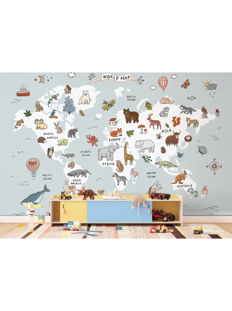 Papier peint intissé - Carte du monde dessinée avec des animaux blancs et bleus - 375x270 cm Multicolore - Kiabi