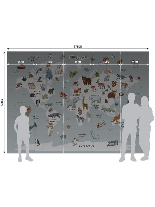 Papier peint intissé - Carte du monde dessinée avec des animaux blancs et bleus - 375x270 cm - Kiabi