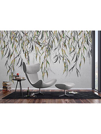 Papier peint intissé - Feuilles grises aquarelle suspendues - 375x270 cm