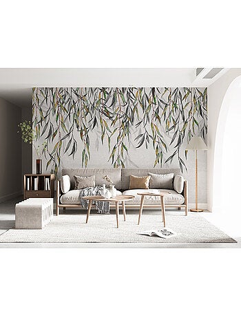 Papier peint intissé - Feuilles grises aquarelle suspendues - 375x270 cm