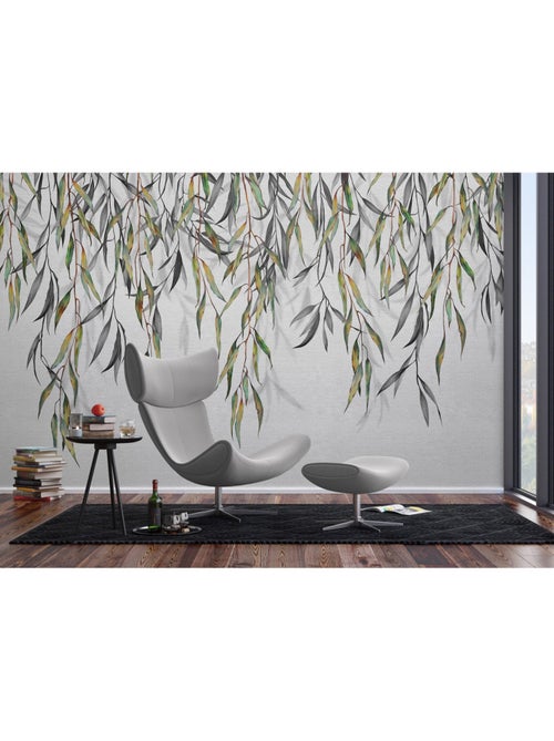 Papier peint intissé - Feuilles grises aquarelle suspendues - 375x270 cm - Kiabi