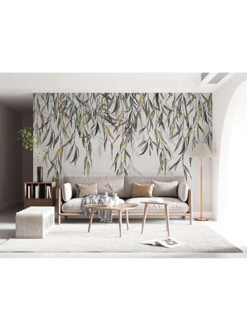 Papier peint intissé - Feuilles grises aquarelle suspendues - 375x270 cm - Kiabi
