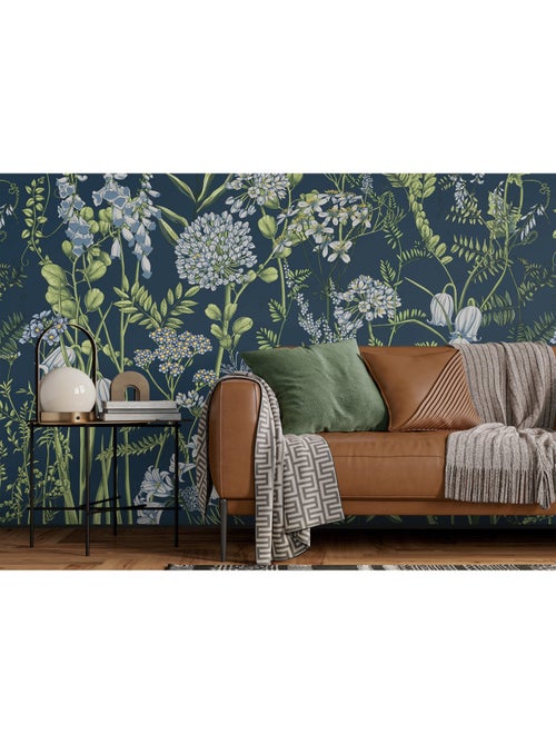 Papier peint intissé - Fleurs de vesce sur fond bleu de Prusse - 375x270 cm - Kiabi