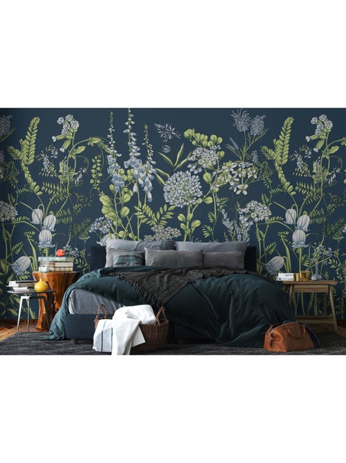 Papier peint intissé - Fleurs de vesce sur fond bleu de Prusse - 375x270 cm - Kiabi