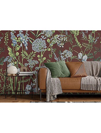Papier peint intissé - Fleurs de vesce sur fond rouge bordeaux - 375x270 cm