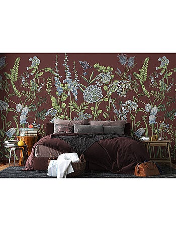 Papier peint intissé - Fleurs de vesce sur fond rouge bordeaux - 375x270 cm