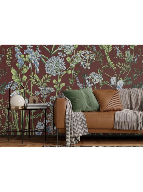 Papier peint intissé - Fleurs de vesce sur fond rouge bordeaux - 375x270 cm - Kiabi