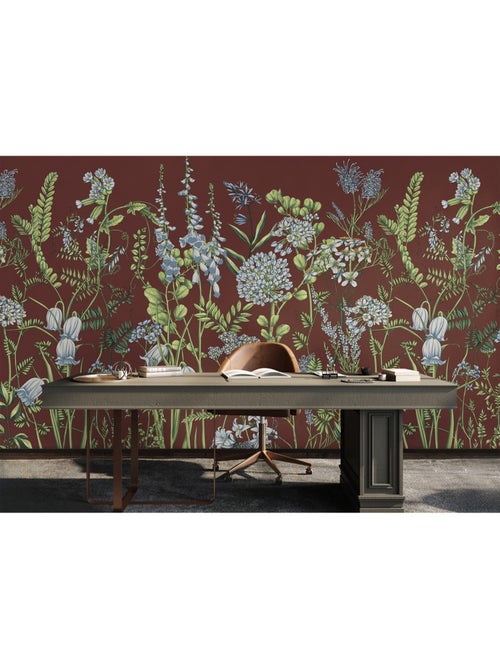 Papier peint intissé - Fleurs de vesce sur fond rouge bordeaux - 375x270 cm - Kiabi