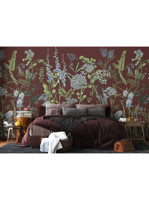 Papier peint intissé - Fleurs de vesce sur fond rouge bordeaux - 375x270 cm - Kiabi