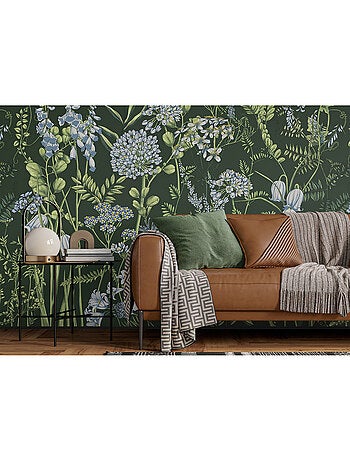 Papier peint intissé - Fleurs de vesce sur fond vert olive - 375x270 cm