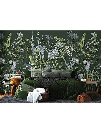 Papier peint intissé - Fleurs de vesce sur fond vert olive - 375x270 cm