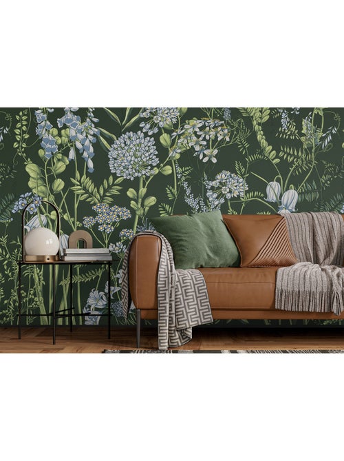 Papier peint intissé - Fleurs de vesce sur fond vert olive - 375x270 cm - Kiabi